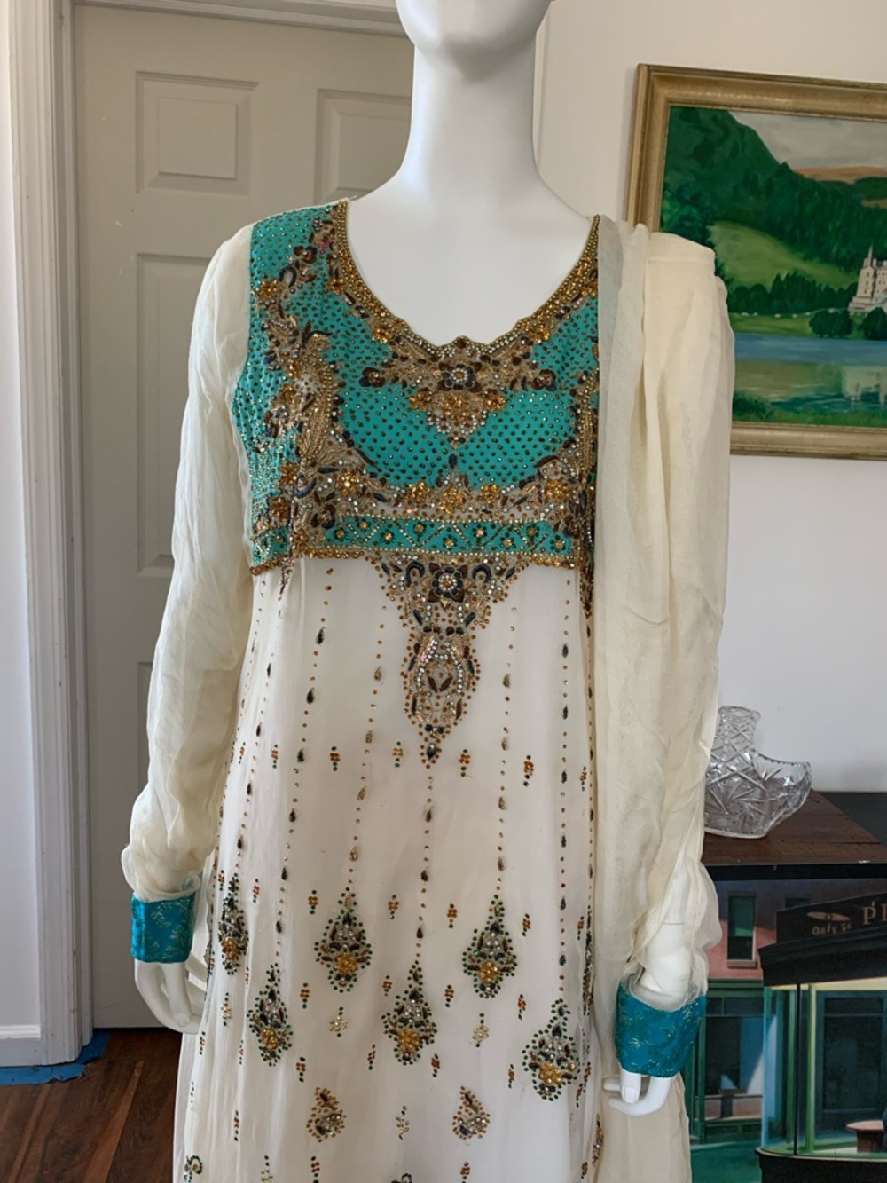 Embellished White and Turquoise Maxi Dress